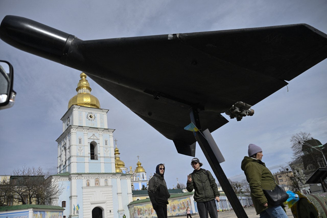 A Geran-2 drone at an open-air exhibition of destroyed Russian military equipment in Kyiv. A Geran-2 drone at an open-air exhibition of destroyed Russian military equipment in Kyiv.