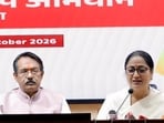 (From left) Delhi BJP president Harsh Malhotra and chief minister Rekha Gupta during the announcement on Seva Sankalp Abhiyan on Monday. (HT Photo)