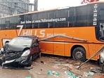 A view of damaged vehicles after a private bus rammed into parked vehicles and a hotel near Shamshabad on the Hyderabad-Bengaluru Highway, in Rangareddy on Monday. (ANI)