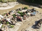 A drone view of the devastation in Devighat area following a mud-laden flash flood caused by an outburst in the Bhotekoshi River, in Nuwakot on Thursday. 