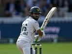 Pakistan's Mohammad Rizwan watches his shot go to the boundary on day two of the second test match between England and Pakistan at Lord's