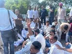 Former minister Swami Prasad Maurya at a sit-in outside the KGMU mortuary. (HT Photo)