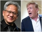 Jensen Huang (L) was on stage at the All-In Summit in Los Angeles when he received the call from US President Donald Trump (R).