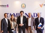 Tamil Nadu Chief Minister C Joseph Vijay, with other officials, during a meeting to discuss investments in the state's renewable energy sector, in London, UK. 