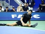 Serbia's Novak Djokovic reacts against Argentina's Mariano Navone during the men's singles first round tennis match on day one of the US Open tennis tournament