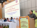 UP CEO Navdeep Rinwa addressing officers in the workshop on first level checking of EVMs for 33 districts held in Lucknow on Monday. (HT)