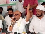 UP Congress chief Ajay Rai addressing media persons in Varanasi on Tuesday. (HT)