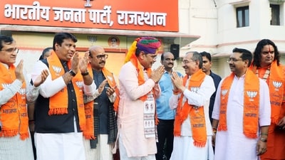 Rajasthan Chief Minister Bhajanlal Sharma greets state BJP President Madan Rathore as they celebrate the results of the Rajasthan Civic Polls 2026 at the BJP office, in Jaipur. (Sanjay Kumawat) Rajasthan Chief Minister Bhajanlal Sharma greets state BJP President Madan Rathore as they celebrate the results of the Rajasthan Civic Polls 2026 at the BJP office, in Jaipur. (Sanjay Kumawat)