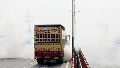 According to police, the incident took place at around 1pm, when the truck was heading towards Sector 18 on the Noida Elevated Road. (Sunil Ghosh/HT Photo)