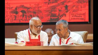 CPI(M) leaders M A Baby and Pinarayi Vijayan at the state committee meeting in Kozhikode on Tuesday. (HT) CPI(M) leaders M A Baby and Pinarayi Vijayan at the state committee meeting in Kozhikode on Tuesday. (HT)