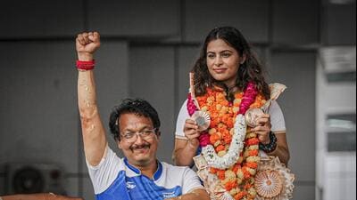 File image of Jaspal Rana with Manu Bhaker after guiding her to a historic double bronze-medal feat at the Paris Olympics in 2024. (PTI)