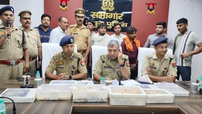 Police officials holding a press conference in Mathura on Tuesday. (HT Photo) Police officials holding a press conference in Mathura on Tuesday. (HT Photo)