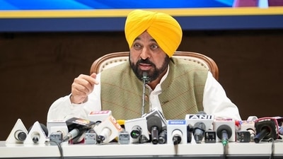 Punjab CM Bhagwant Mann addresses a press conference in Chandigarh. Punjab CM Bhagwant Mann addresses a press conference in Chandigarh.