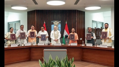 Union home minister Amit Shah, along with (L-R) Delhi CM Rekha Gupta, Rajasthan CM Bhajanlal Sharma, Uttarakhand CM Pushkar Dhami, Union Jal Shakti Minister CR Paatil, Uttar Pradesh CM Yogi Adityanath, Himachal Pradesh CM Sukhvinder Singh Sukhu and Haryana CM Nayab Singh Saini, during the signing of an MoU for the Kishau Multi-Purpose Project, in New Delhi on Tuesday. (ANI Video Grab) Union home minister Amit Shah, along with (L-R) Delhi CM Rekha Gupta, Rajasthan CM Bhajanlal Sharma, Uttarakhand CM Pushkar Dhami, Union Jal Shakti Minister CR Paatil, Uttar Pradesh CM Yogi Adityanath, Himachal Pradesh CM Sukhvinder Singh Sukhu and Haryana CM Nayab Singh Saini, during the signing of an MoU for the Kishau Multi-Purpose Project, in New Delhi on Tuesday. (ANI Video Grab)