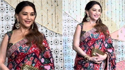 Madhuri Dixit showcased her love for exquisite sarees in a stunning Patola drape, paired with an embroidered blouse and statement earrings.&nbsp;&nbsp; (Instagram)