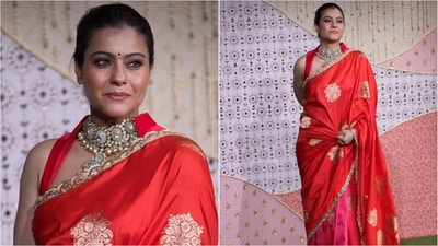 Kajol looked elegant in a red silk saree with intricate silver embroidery and borders, paired with a matching sleeveless blouse and statement choker.&nbsp;&nbsp; (Instagram)