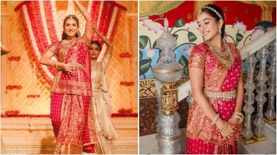 Radhika Merchant showcased an exquisite pink Kanjeevaram ensemble at the Ambani family's Ganesh Chaturthi celebration. (Instagram)