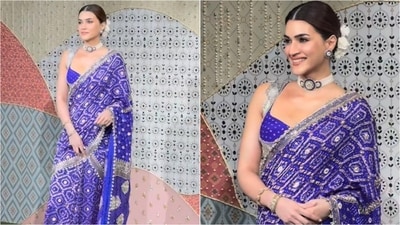 Kriti Sanon looked elegant in a blue saree with silver borders, paired with a sleeveless blouse and a statement pearl choker necklace.&nbsp;&nbsp; (Instagram)