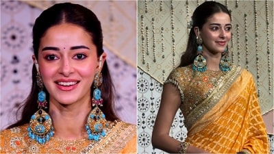 Ananya Panday looked stunning in a mustard-yellow saree with golden borders and a matching embroidered blouse, paired with statement blue jhumkas that fell gracefully to her shoulders. (Instagram)
