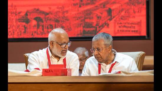 CPI(M) leaders M A Baby and Pinarayi Vijayan at the state committee meeting in Kozhikode on Tuesday. (HT)