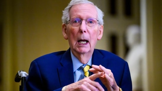 Senator Mitch McConnell, a Republican from Kentucky, speaks to members of the media as he arrives at the US Capitol in Washington, DC, US, on Monday, Sept. 14, 2026, for the first time since suffering from a fall at his home on June 14.