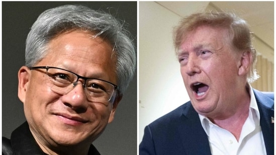 Jensen Huang (L) was on stage at the All-In Summit in Los Angeles when he received the call from US President Donald Trump (R).