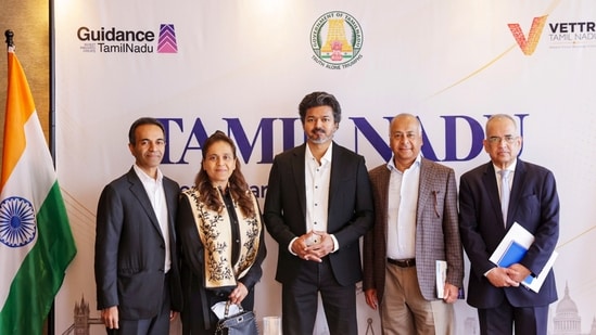 Tamil Nadu Chief Minister C Joseph Vijay, with other officials, during a meeting to discuss investments in the state's renewable energy sector, in London, UK.