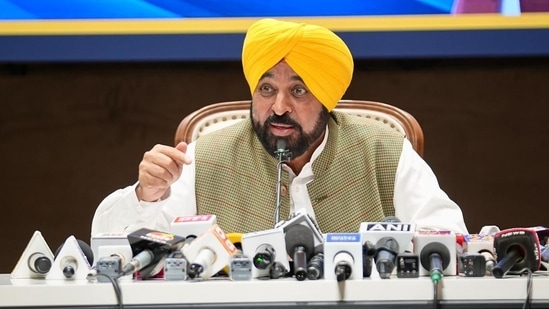 Punjab CM Bhagwant Mann addresses a press conference in Chandigarh.