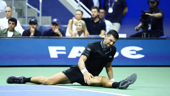 Serbia's Novak Djokovic reacts against Argentina's Mariano Navone during the men's singles first round tennis match on day one of the US Open tennis tournament(AFP)