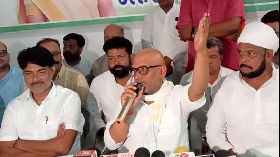 UP Congress chief Ajay Rai addressing media persons in Varanasi on Tuesday. (HT)