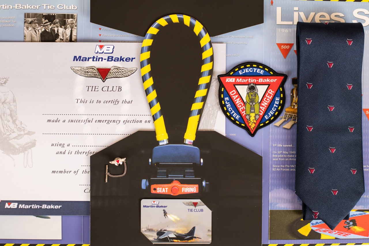 Martin-Baker’s gifts to club members include a tie, certificate, tie pin and patch. Martin-Baker’s gifts to club members include a tie, certificate, tie pin and patch.
