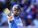 London [England], Jul 19 (ANI): India's Rohit Sharma celebrates his century during 3rd ODI against England, at Lord's in London on Sunday. (ANI Photo)