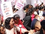 All India Democratic Women’s Association (AIDWA) members stage a protest over their various demands outside the secretariat, in Shimla on Tuesday. (Deepk Sansta/HT)