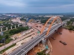 This aerial photo shows construction on the Pinglu Canal in Qinzhou, in China's southern Guangxi region.