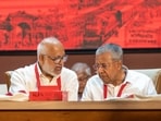 CPI(M) leaders M A Baby and Pinarayi Vijayan at the state committee meeting in Kozhikode on Tuesday. (HT)