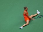 Aryna Sabalenka reacts after falling to the court against Elena Rybakina of Kazakhstan in their Women's Singles Final match on Day Fourteen of the 2026 US Open