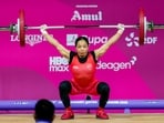 India's Mirabai Chanu during the women's 48kg weightlifting final competition at the 23rd Commonwealth Games, in Glasgow, Scotland