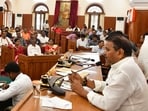 Proceedings underway at the House Meeting at Prayagraj Municipal Corporation on Tuesday (HT Photo)
