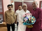 Sanjay Nishad with Mata Prasad Pandey during a meeting at the latter’s residence (Sourced)