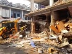 The demolition drive in progress at Central Market in Meerut on Wednesday (HT Photo)