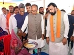 Union Agriculture Minister Shivraj Singh Chouhan with Bihar CM Samrat Choudhary meets flood victims in Munger, Wednesday. (HT PHOTO)