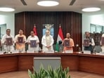 Union home minister Amit Shah, along with (L-R) Delhi CM Rekha Gupta, Rajasthan CM Bhajanlal Sharma, Uttarakhand CM Pushkar Dhami, Union Jal Shakti Minister CR Paatil, Uttar Pradesh CM Yogi Adityanath, Himachal Pradesh CM Sukhvinder Singh Sukhu and Haryana CM Nayab Singh Saini, during the signing of an MoU for the Kishau Multi-Purpose Project, in New Delhi on Tuesday. (ANI Video Grab)