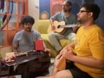 (L-R) A still from Hanuman Ansh and Sadhu Tiwari, Vishal Chaturvedi and Rishi Pathak during a musical session
