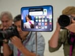 The new foldable iPhone Duo on display at an Apple event.