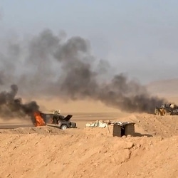 This handout picture released on September 15, 2026 by Ansarullah Media Centre reportedly shows burning military vehicles that they targeted in al-Jawf. The Houthis have been engaged in renewed fighting with Saudi-backed government forces since Yemen's civil war reignited in July, when the group declared a maritime blockade on Riyadh and began targeting its ships in the Red Sea. 