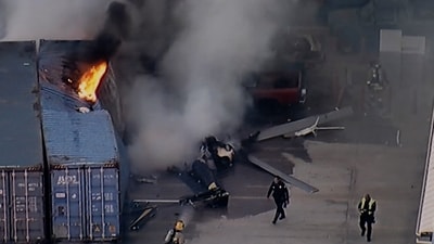 The image provided by KABC-TV shows first responders work the scene after a helicopter crashed near a bus crash in Chatsworth, a neighborhood in Los Angeles. (KABC-TV via AP) The image provided by KABC-TV shows first responders work the scene after a helicopter crashed near a bus crash in Chatsworth, a neighborhood in Los Angeles. (KABC-TV via AP)