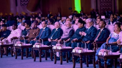 BRICS Summit 2026 highlights: Prime Minister Narendra Modi with Russian President Vladimir Putin, Indonesian President Prabowo Subianto, South African President Cyril Ramaphosa, Egyptian President Abdel Fattah el-Sisi, Ethiopian Prime Minister Abiy Ahmed Ali, Kazakhstan President Kassym-Jomart Tokayev, and others, during a Gala dinner hosted by PM Modi for visiting leaders of the 18th BRICS Summit, BRICS Summit 2026 highlights: Prime Minister Narendra Modi with Russian President Vladimir Putin, Indonesian President Prabowo Subianto, South African President Cyril Ramaphosa, Egyptian President Abdel Fattah el-Sisi, Ethiopian Prime Minister Abiy Ahmed Ali, Kazakhstan President Kassym-Jomart Tokayev, and others, during a Gala dinner hosted by PM Modi for visiting leaders of the 18th BRICS Summit,