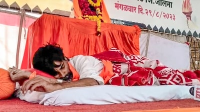 Jalna: Maratha quota activist Manoj Jarange rests on the 16th day of his indefinite fast, at Antarwali Sarati village, in Jalna district, Maharashtra, Monday, Sept. 14, 2026. (PTI) Jalna: Maratha quota activist Manoj Jarange rests on the 16th day of his indefinite fast, at Antarwali Sarati village, in Jalna district, Maharashtra, Monday, Sept. 14, 2026. (PTI)