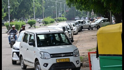 While the aggregators have already been informed about the suspension, representatives of Uber, Rapido and InDrive met secretary, STA, Nitish Singla, on Wednesday, seeking revocation of the action. (Ravi Kumar/HT)