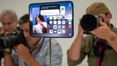 The new foldable iPhone Duo on display at an Apple event. The new foldable iPhone Duo on display at an Apple event.